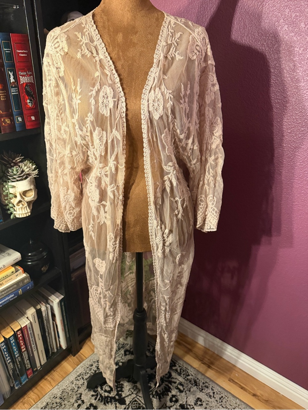 Sheer Lace Open-Front Duster Cardigan - bone